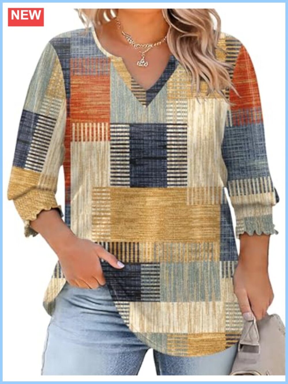 Plus Size 3/4 Sleeve Tunic Top V-Neck Loose Fit Curved Hem Ruffled Cuff